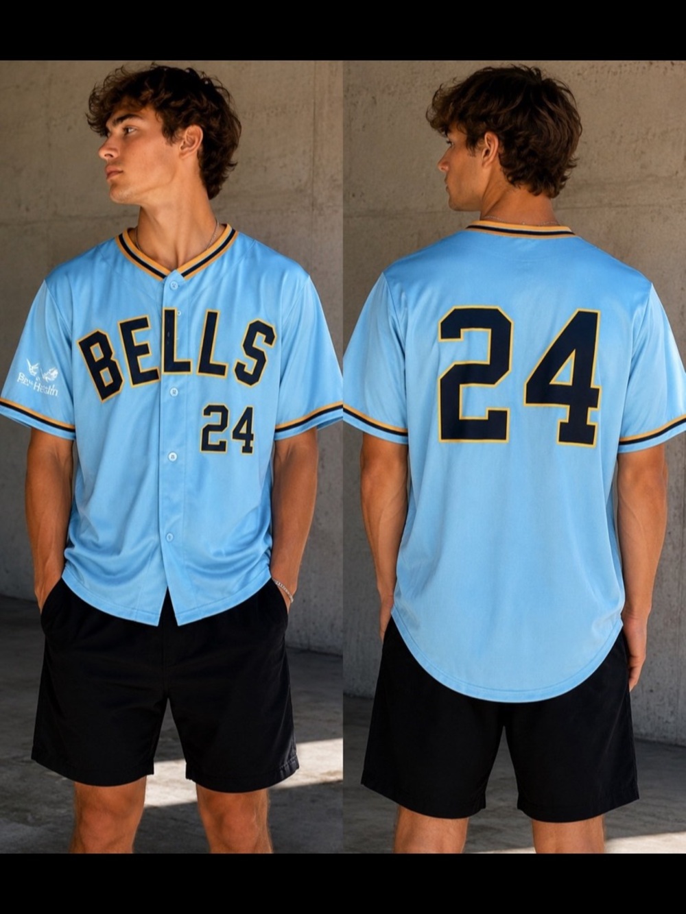 BELLS Men’s Light Blue Baseball Jersey with Number 24